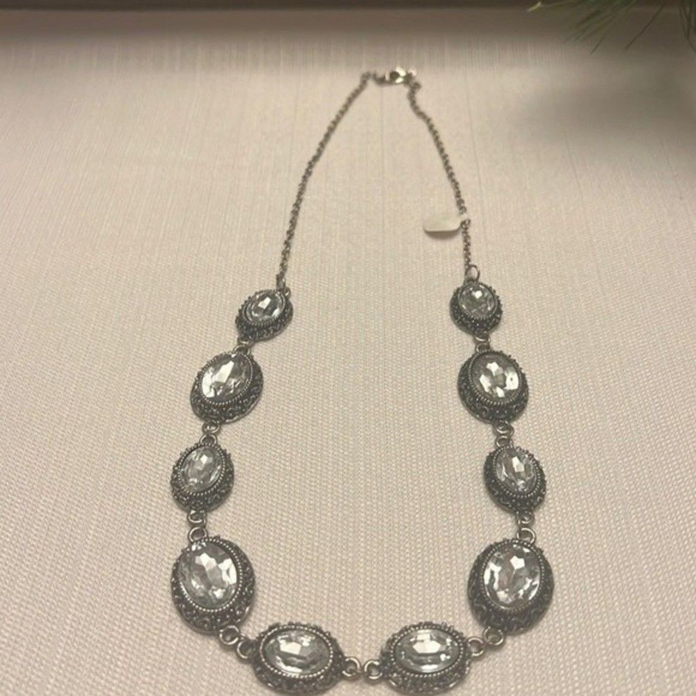 Handcrafted clear stone necklace on silver chain